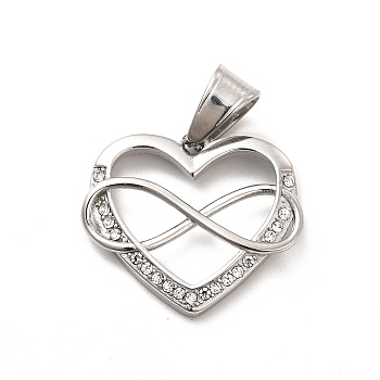 304 Stainless Steel Pendants, with Crystal Rhinestone, Heart and Infinity Charms, Stainless Steel Color, 22x25x4mm, Hole: 8x5.5mm