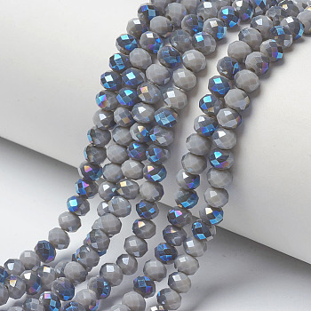 Electroplate Opaque Solid Color Glass Beads Strands, Half Plated, Blue Plated, Faceted, Rondelle, Dark Gray, 4x3mm, Hole: 0.4mm, about 123~127pcs/strand, 16.5~16.9 inch(42~43cm)