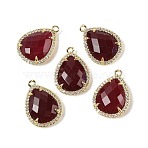 Dyed Natural White Jade Faceted Teardrop Pendants, Rack Plating Brass Micro Pave Clear Cubic Zirconia Charms, Golden, Rack Plating, Dark Red, 20.5x15x5.5mm, Hole: 1.4mm(G-I382-01G-02)