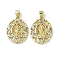 Rack Plating Brass Cubic Zirconia Pendants, Lead Free & Cadmium Free, Oval with Saint, Real 18K Gold Plated, 22x16.5x2.5mm, Hole: 5x3.5mm(KK-M272-07G)