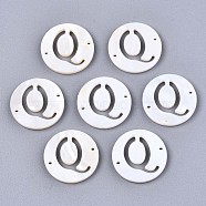 Natural Freshwater Shell Links Connectors, Flat Round with Letter, Letter.Q, 14.5x1.5mm, Hole: 0.9mm(SHEL-S276-120Q)