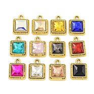 UV Plating Alloy Pendants, with Glass, Square, Mixed Color, 15.5x12.5x4.5mm, Hole: 2mm(ALRI-C009-18G)