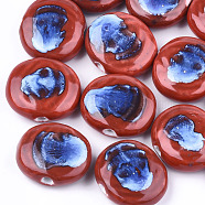 Handmade Porcelain Beads, Fancy Antique Glazed Porcelain, Flat Round, Red, 23~24x24~27x9~10mm, Hole: 3mm(PORC-S498-45H)