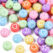 Opaque Mixed Color Acrylic Beads, Flat Round with White Heart & Flower & Moon & Star, 7x4mm, Hole: 1.5mm(X-MACR-T038-11)