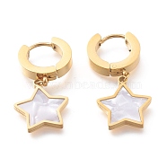 304 Stainless Steel Huggie Hoop Earrings, with Natural White Shell, Star, Golden, 31mm, Pin: 1mm(EJEW-O098-11G)