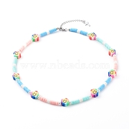 Polymer Clay Heishi Beaded Necklaces, with ABS Plastic Imitation Pearl Beads and 304 Stainless Steel Lobster Claw Clasps, Flower with Smiling Face, Colorful, 15.8 inch(40.2cm)(NJEW-JN03437)