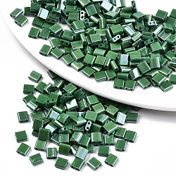 2-Hole Glass Seed Beads, Opaque Colours Lustered, Rectangle, Green, 5x4.5~5.5x2~2.5mm, Hole: 0.5~0.8mm, about 1180pcs/bag(SEED-S031-L-ST127)