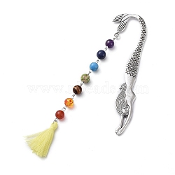 Tibetan Style Alloy Bookmarks, with Gemstone Beads Chains, Cotton Thread Tassel Pendant Decorations, Mermaid, Yellow, 165mm(AJEW-JK00157-02)