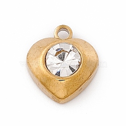 304 Stainless Steel Pendants, with Rhinestone, Heart, Golden, Crystal, 10.5x9.5x4mm, Hole: 1.4mm(STAS-P310-24G-02)