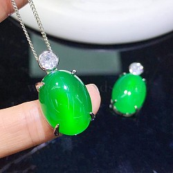 Dyed Natural Green Chalcedony Pendants, Brass Clear Cubic Zirconia Oval Charms, Platinum, 27x15x10.5mm, Hole: 6x3.5mm(G-S001-04P)