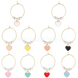 Heart Alloy Enamel Wine Glass Charms, with Brass Findings and Glass Beads, Mixed Color, 43mm, 10pcs/set(AJEW-SC0002-06)