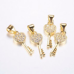 Long-Lasting Plated Brass Micro Pave Cubic Zirconia Pendants, Heart Key, Real 18K Gold Plated, 18x7x2.5mm, Hole: 3.5mm(X-ZIRC-F069-45G)