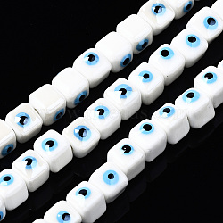 Handmade Porcelain Ceramic Beads Strands, Bright Glazed Porcelain, Cube with Evil Eye, White, 9.5x8.5x8.5mm, Hole: 1.5mm, about 40pcs/strand, 12.99 inch(33cm)(PORC-T006-01N)