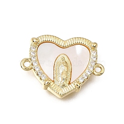 Virgin Mary Theme Brass Micro Pave Clear Cubic Zirconia Connector Charms, Heart Links, with Natural Shell, Real 16K Gold Plated, Real 16K Gold Plated, 15.5x20.5x3mm, Hole: 1.2mm(CU-CBAF50C-05A-G)