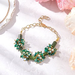 Natural Fire Crackle Agate & Canadian Jade Beads Link Bracelets, Brass Cable Chains Bracelets for Women, Flower, 8-1/2 inch(21.6cm)(BJEW-JB12164-02)