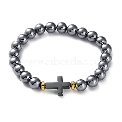 Natural Terahertz Stone & Non-magnetic Hematite Round Beaded Stretch Bracelets for Men Women, Cross, Inner Diameter: 2-1/4 inch(5.8cm)(BJEW-G728-02)