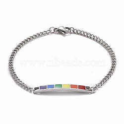 Rainbow Pride Bracelet, Enamel Rectangle Bar Link Bracelet for Men Women, Platinum & Stainless Steel Color, 7-1/4~7-3/8 inch(18.5~18.8cm)(BJEW-F419-12A-P)
