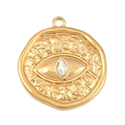 304 Stainless Steel with Crystal Rhinestone Pendants, Hammered Flat Round with Evil Eye Charms, Golden, 32x28.5x3mm, Hole: 2.5mm(SA-CBABA5E-10G)
