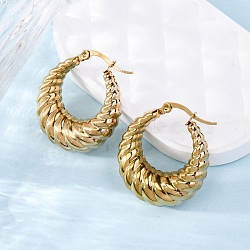 Ion Plating(IP) 304 Stainless Steel Hoop Earrings, Hypoallergenic Earrings, Textured, Double Horn/Crescent Moon, Real 24K Gold Plated, 28x25x9mm, Pin: 1mm(X-EJEW-O096-40G)