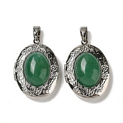 Natural Green Aventurine Locket Pendants, Platinum Plated Alloy Oval Charms, 33.5x23.5x8~9mm, Hole: 8x4mm(G-C104-04A-P)