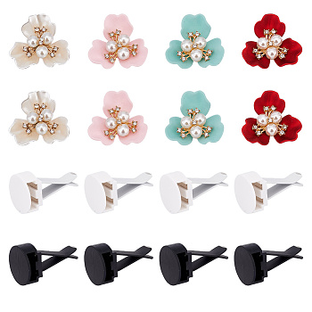 8 Sets 2 Colors Self Adhesive Plastic Car Air Freshener Vent Clips, with Iron Finding, and 8Pcs 4 Colors Opaque Resin Imitation Pearl & Crystal Glass Rhinestone 3 Petal Flower Cabochons, Mixed Color, Cabochon: 25.5x27.5x10mm, Clips: 40x24mm