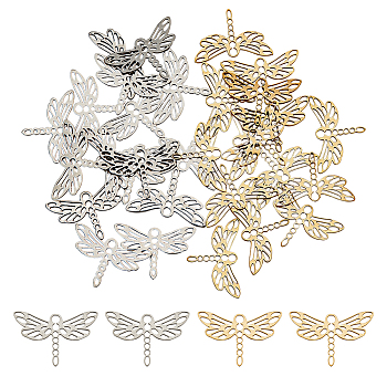 32Pcs 2 Colors 201 Stainless Steel Filigree Joiners Links, Laser Cut, Dragonfly, Golden & Stainless Steel Color, 13.5x20x1mm, 16pcs/color