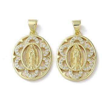 Rack Plating Brass Cubic Zirconia Pendants, Lead Free & Cadmium Free, Oval with Saint, Real 18K Gold Plated, 22x16.5x2.5mm, Hole: 5x3.5mm