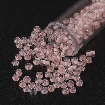 11/0 Grade A Transparent Glass Seed Beads, Inside Color, Misty Rose, 2.3x1.5mm, Hole: 1mm, about 5300pcs/50g