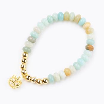 Natural Amazonite Beads Charm Bracelets, Stretch Bracelets, with Brass Findings, Crown, Golden, 2 inch(50mm)