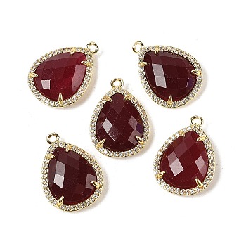 Dyed Natural White Jade Faceted Teardrop Pendants, Rack Plating Brass Micro Pave Clear Cubic Zirconia Charms, Golden, Rack Plating, Dark Red, 20.5x15x5.5mm, Hole: 1.4mm