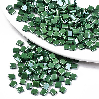 2-Hole Glass Seed Beads, Opaque Colours Lustered, Rectangle, Green, 5x4.5~5.5x2~2.5mm, Hole: 0.5~0.8mm, about 1180pcs/bag