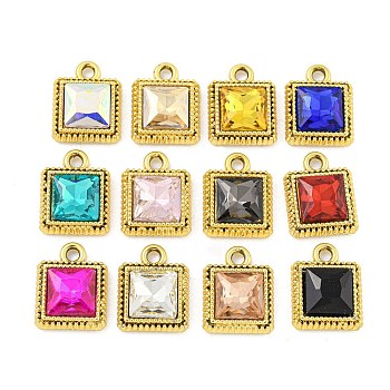 UV Plating Alloy Pendants, with Glass, Square, Mixed Color, 15.5x12.5x4.5mm, Hole: 2mm