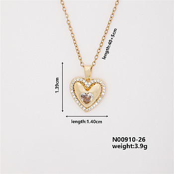 Vintage Heart-shaped Brass Micro Pave Clear Cubic Zirconia Pendant Necklaces, Cable Chain Necklaces for Women, Golden, 15.75 inch(400mm)