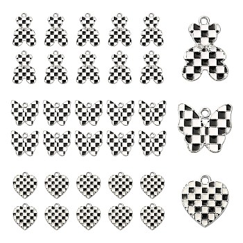 30Pcs 3 Styles Alloy Enamel Pendants, Heart & Bear & Butterfly with Grid Pattern, Platinum, White & Black, 17~24x15~18x1~2.5mm, Hole: 2mm, 10pcs/style