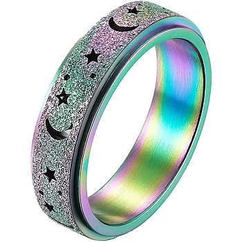 Stainless Steel Moon and Star Rotatable Finger Ring, Spinner Fidget Band Anxiety Stress Relief Ring for Women, Rainbow Color, US Size 7(17.3mm)