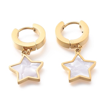 304 Stainless Steel Huggie Hoop Earrings, with Natural White Shell, Star, Golden, 31mm, Pin: 1mm