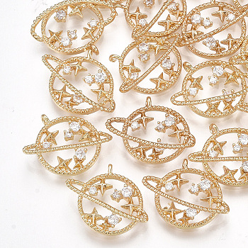 Brass Cubic Zirconia Charms, Planet, Clear, Real 18K Gold Plated, 14x16x4.5mm, Hole: 1mm