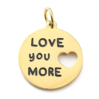 304 Stainless Steel Charms, with Enamel and Jump Ring, Flat Round with Word Love You More & Heart, Real 14K Gold Plated, 13.5x12x1mm, Hole: 2.6mm