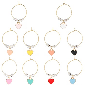 Heart Alloy Enamel Wine Glass Charms, with Brass Findings and Glass Beads, Mixed Color, 43mm, 10pcs/set