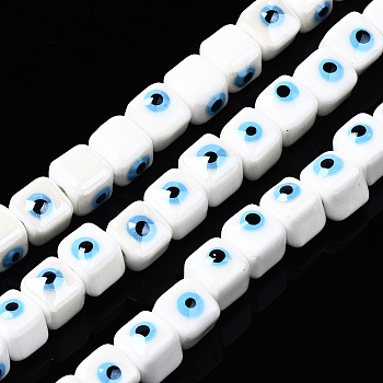 Handmade Porcelain Ceramic Beads Strands, Bright Glazed Porcelain, Cube with Evil Eye, White, 9.5x8.5x8.5mm, Hole: 1.5mm, about 40pcs/strand, 12.99 inch(33cm)