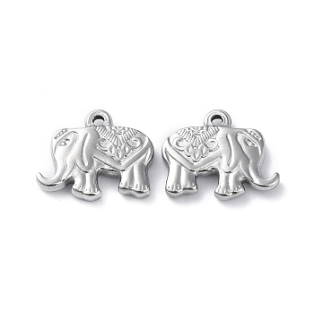 304 Stainless Steel Pendants, Elephant Charm, Stainless Steel Color, 15.5x18.5x3mm, Hole: 1.3mm