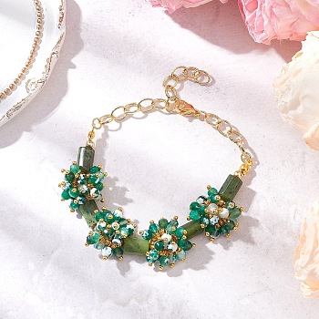 Natural Fire Crackle Agate & Canadian Jade Beads Link Bracelets, Brass Cable Chains Bracelets for Women, Flower, 8-1/2 inch(21.6cm)