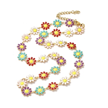 Enamel Daisy Link Chain Necklaces, 304 Stainless Steel Necklace, Golden, 15-7/8 inch(40.4cm)
