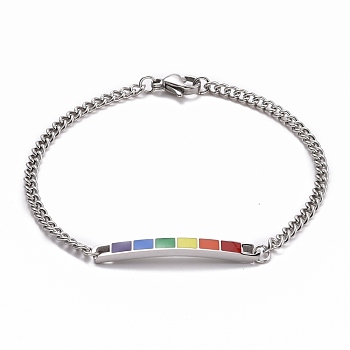 Rainbow Pride Bracelet, Enamel Rectangle Bar Link Bracelet for Men Women, Platinum & Stainless Steel Color, 7-1/4~7-3/8 inch(18.5~18.8cm)