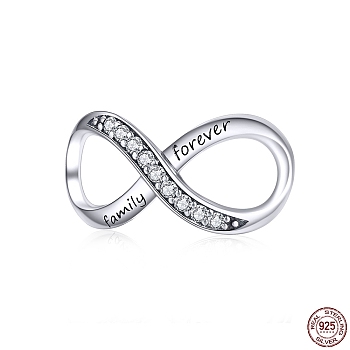 925 Sterling Silver Links, with Cubic Zirconia, Infinity with Word Forever Family, with 925 Stamp, Clear, Antique Silver, 20x10mm