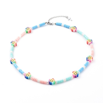 Polymer Clay Heishi Beaded Necklaces, with ABS Plastic Imitation Pearl Beads and 304 Stainless Steel Lobster Claw Clasps, Flower with Smiling Face, Colorful, 15.8 inch(40.2cm)
