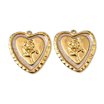 304 Stainless Steel Pendants, Heart with Flower Charms, with Enamel, Real 18K Gold Plated, Ion Plating(IP), Linen, 29.5x27x3mm, Hole: 1.6mm