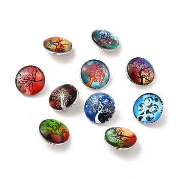 Brass Glass Cabochons Buttons, Jewelry Snap Buttons, Flat Round with Tree Pattern, Mixed Color, 18x10mm, Knob: 5~5.5mm