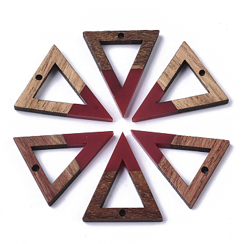 Resin & Walnut Wood Pendants, Triangle, Dark Red, 27.5x24x3.5mm, Hole: 1.8mm