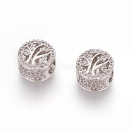 Brass European Beads, with Enamel and Micro Pave Cubic Zirconia, Large Hole Beads, Flat Round with Tree, Platinum, 10.5x7.5mm, Hole: 4.2mm(KK-O120-24P)